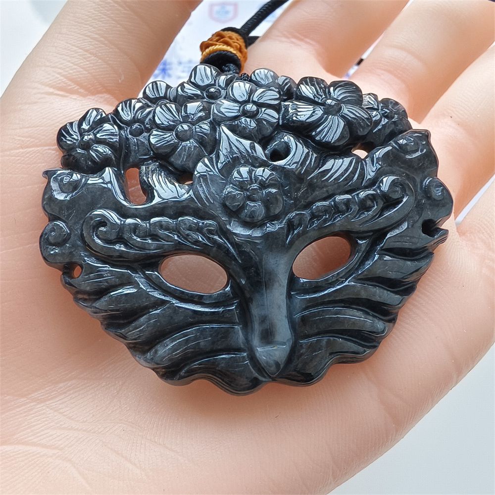 Natural Certificated Type A Untreated 43X55X8mm Black Chicken Species Burmese Jadeite Fox Mask Pendant Necklace,Myanmar Jadeite Pendant Necklace