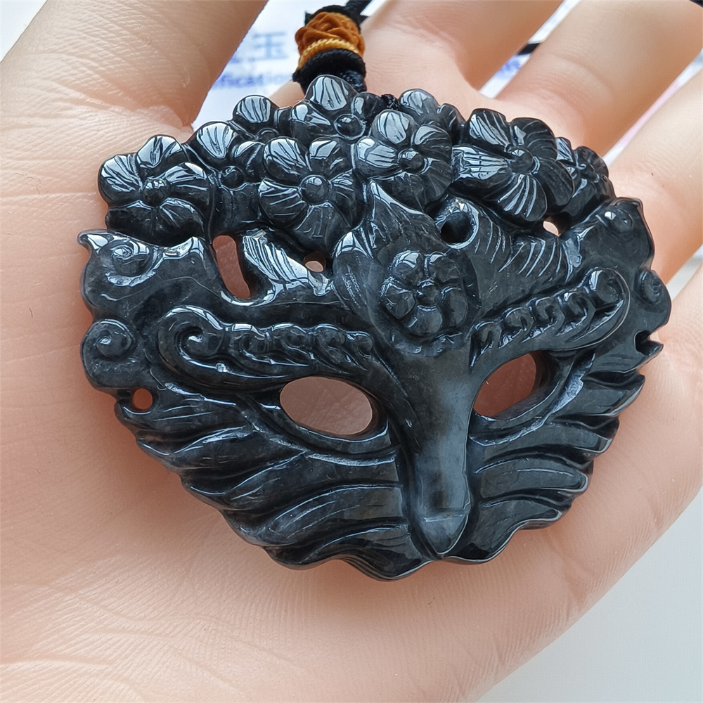 Natural Certificated Type A Untreated 43X55X8mm Black Chicken Species Burmese Jadeite Fox Mask Pendant Necklace,Myanmar Jadeite Pendant Necklace