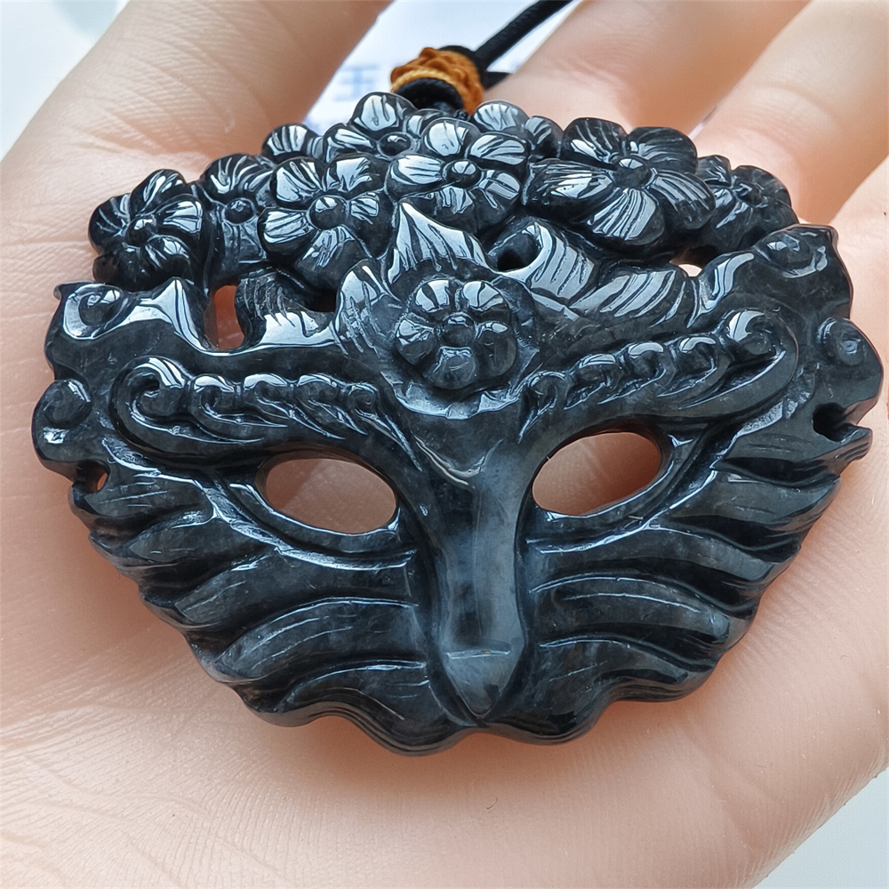 Natural Certificated Type A Untreated 43X55X8mm Black Chicken Species Burmese Jadeite Fox Mask Pendant Necklace,Myanmar Jadeite Pendant Necklace
