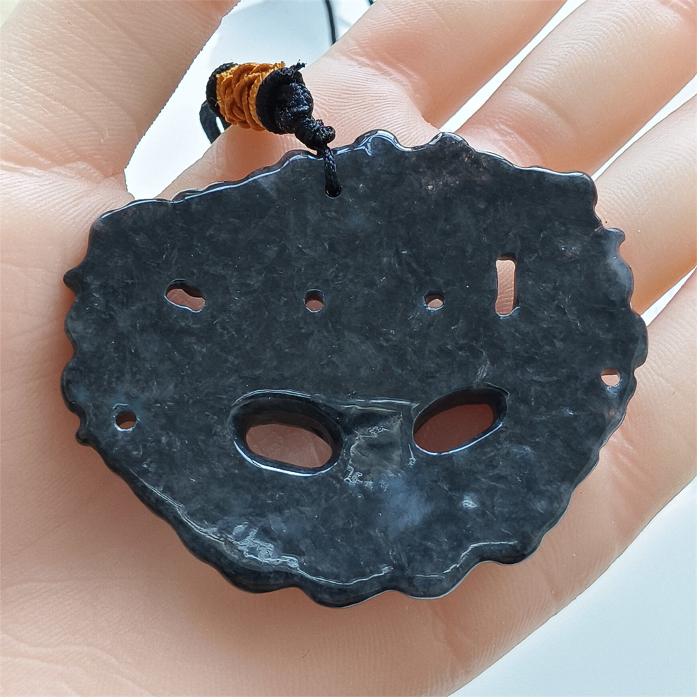 Natural Certificated Type A Untreated 43X55X8mm Black Chicken Species Burmese Jadeite Fox Mask Pendant Necklace,Myanmar Jadeite Pendant Necklace