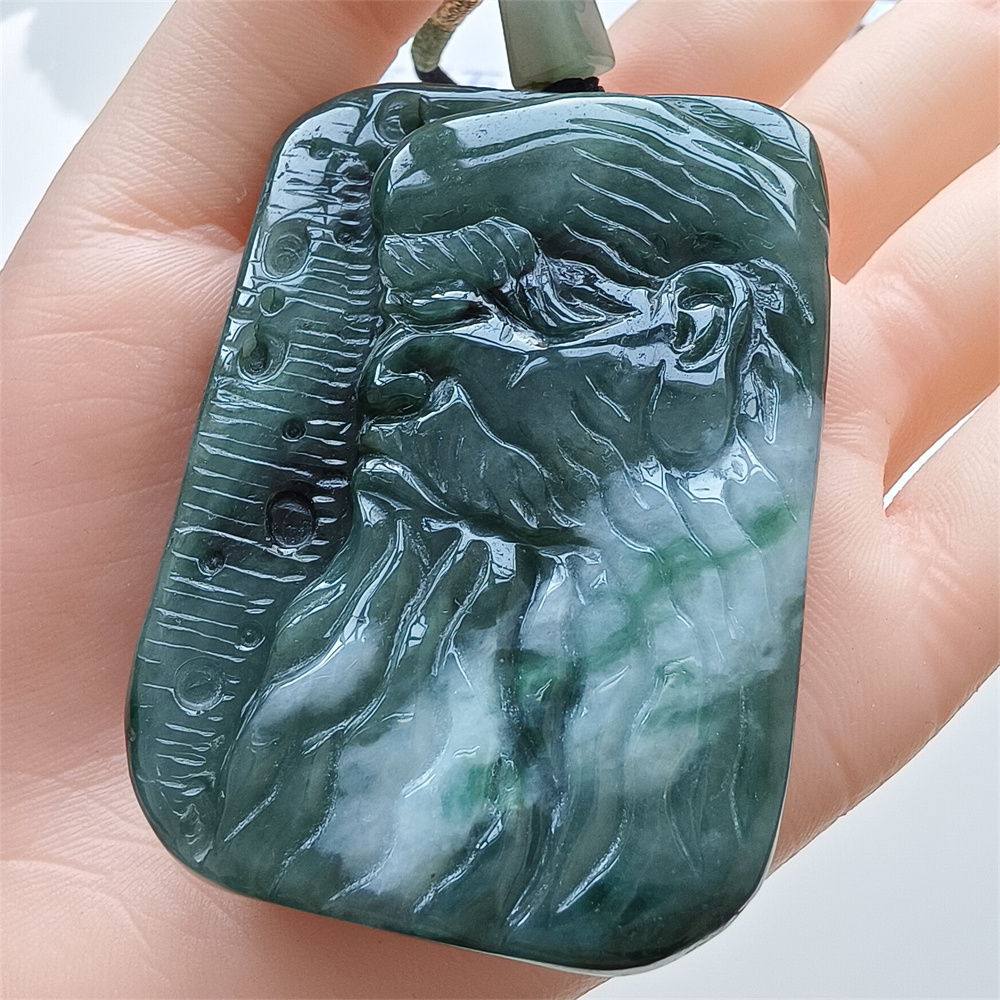 Unique Certificated Natural Type A Untreated 63X43X11mm Green White Burmese Jadeite Rectangle Pendant With Bodhidharma Carved