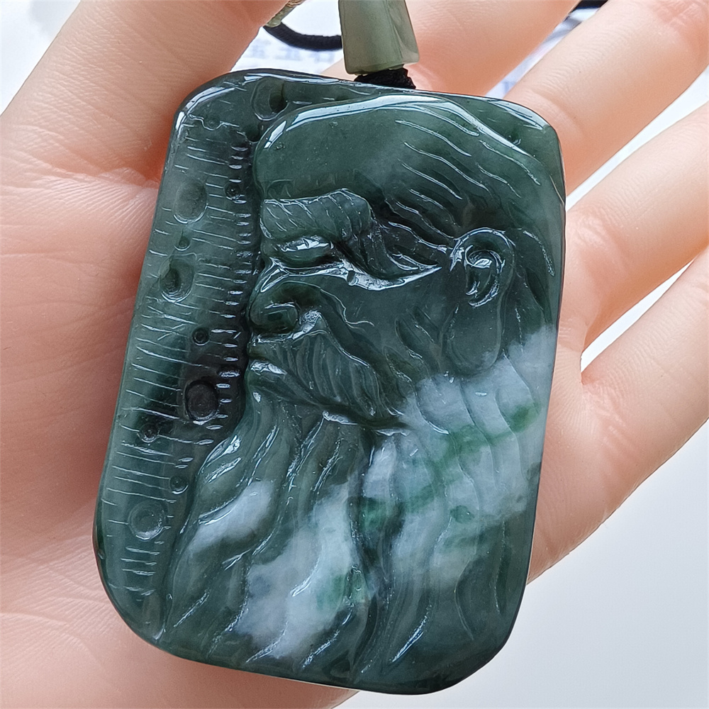 Unique Certificated Natural Type A Untreated 63X43X11mm Green White Burmese Jadeite Rectangle Pendant With Bodhidharma Carved