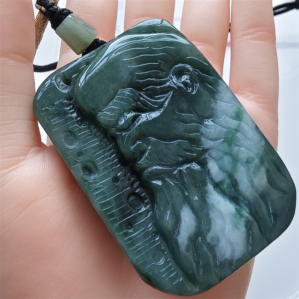 Unique Certificated Natural Type A Untreated 63X43X11mm Green White Burmese Jadeite Rectangle Pendant With Bodhidharma Carved