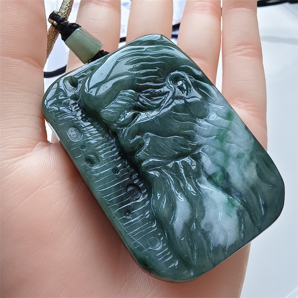 Unique Certificated Natural Type A Untreated 63X43X11mm Green White Burmese Jadeite Rectangle Pendant With Bodhidharma Carved