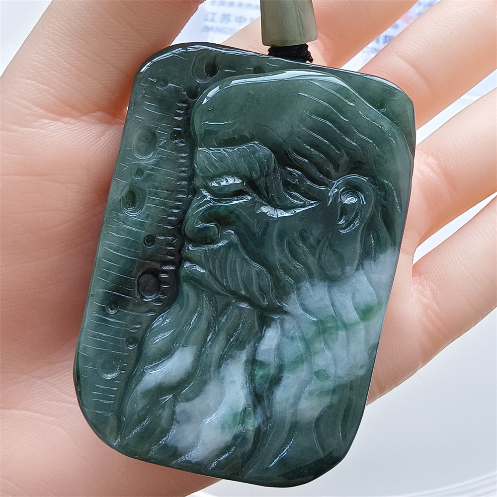 Unique Certificated Natural Type A Untreated 63X43X11mm Green White Burmese Jadeite Rectangle Pendant With Bodhidharma Carved