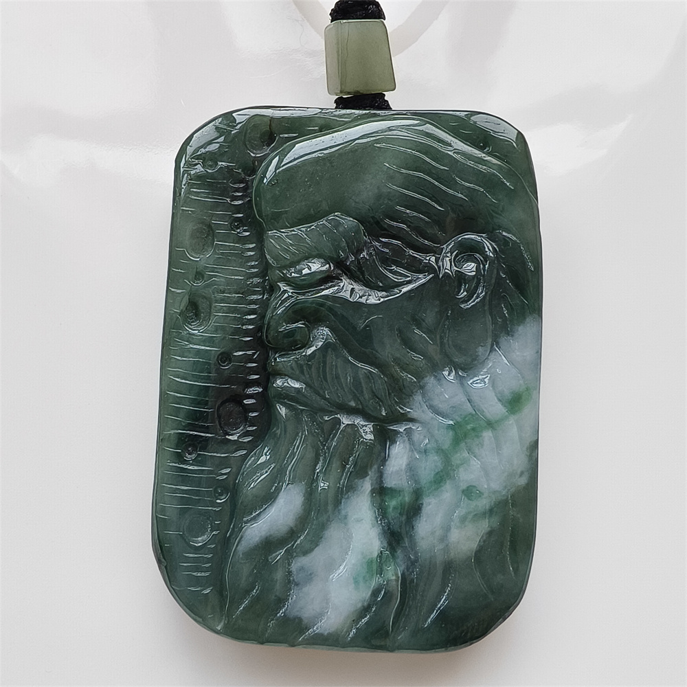 Unique Certificated Natural Type A Untreated 63X43X11mm Green White Burmese Jadeite Rectangle Pendant With Bodhidharma Carved