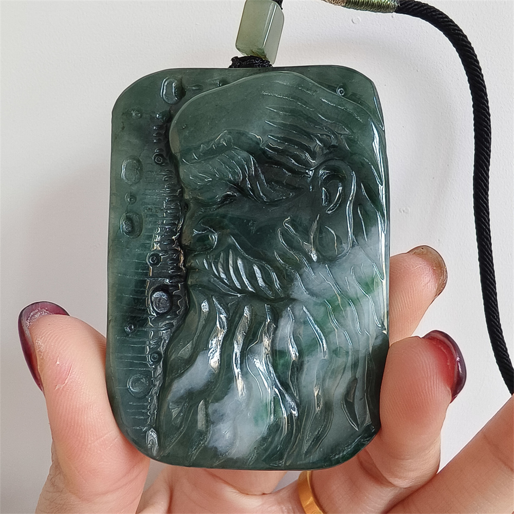 Unique Certificated Natural Type A Untreated 63X43X11mm Green White Burmese Jadeite Rectangle Pendant With Bodhidharma Carved