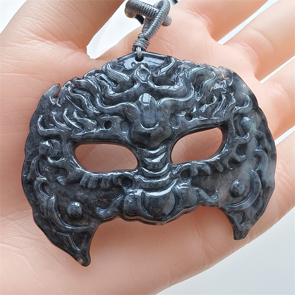 Natural Certificated Type A Untreated 56X41X7mm Black Chicken Species Burmese Jadeite Mask Pendant,Myanmar Jadeite Pendant Necklace