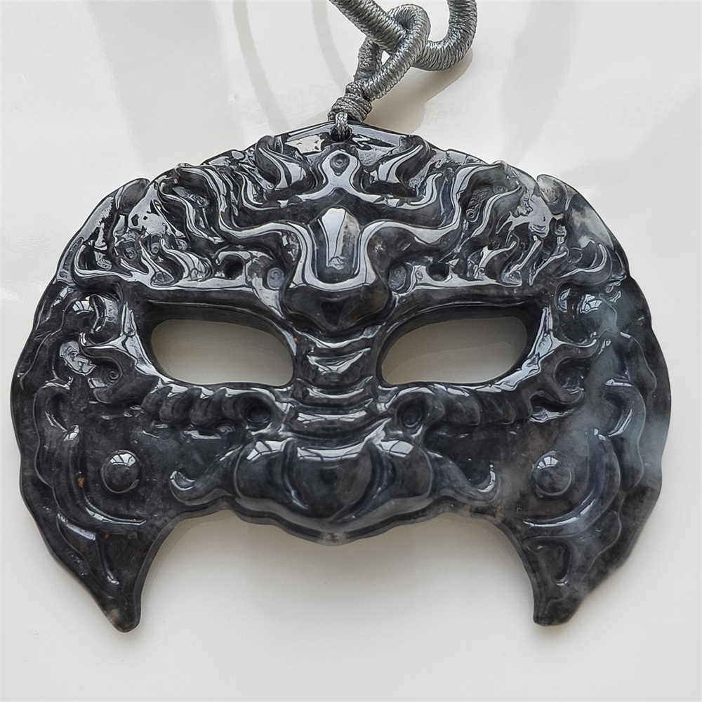 Natural Certificated Type A Untreated 56X41X7mm Black Chicken Species Burmese Jadeite Mask Pendant,Myanmar Jadeite Pendant Necklace