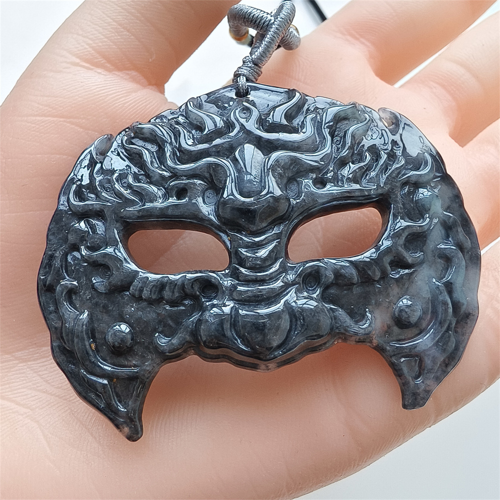 Natural Certificated Type A Untreated 56X41X7mm Black Chicken Species Burmese Jadeite Mask Pendant,Myanmar Jadeite Pendant Necklace