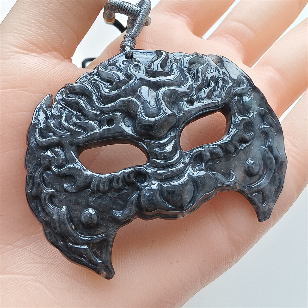 Natural Certificated Type A Untreated 56X41X7mm Black Chicken Species Burmese Jadeite Mask Pendant,Myanmar Jadeite Pendant Necklace