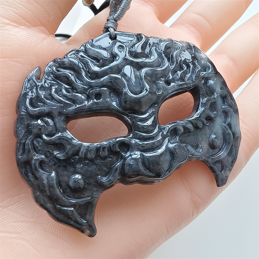Natural Certificated Type A Untreated 56X41X7mm Black Chicken Species Burmese Jadeite Mask Pendant,Myanmar Jadeite Pendant Necklace