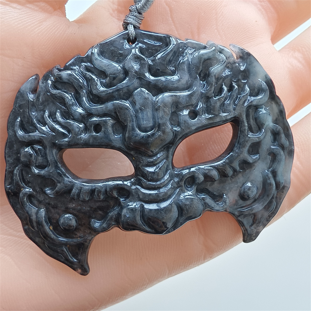 Natural Certificated Type A Untreated 56X41X7mm Black Chicken Species Burmese Jadeite Mask Pendant,Myanmar Jadeite Pendant Necklace