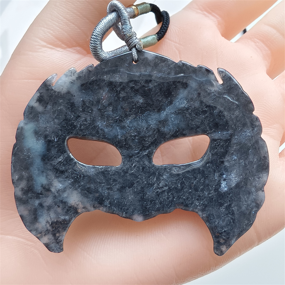 Natural Certificated Type A Untreated 56X41X7mm Black Chicken Species Burmese Jadeite Mask Pendant,Myanmar Jadeite Pendant Necklace