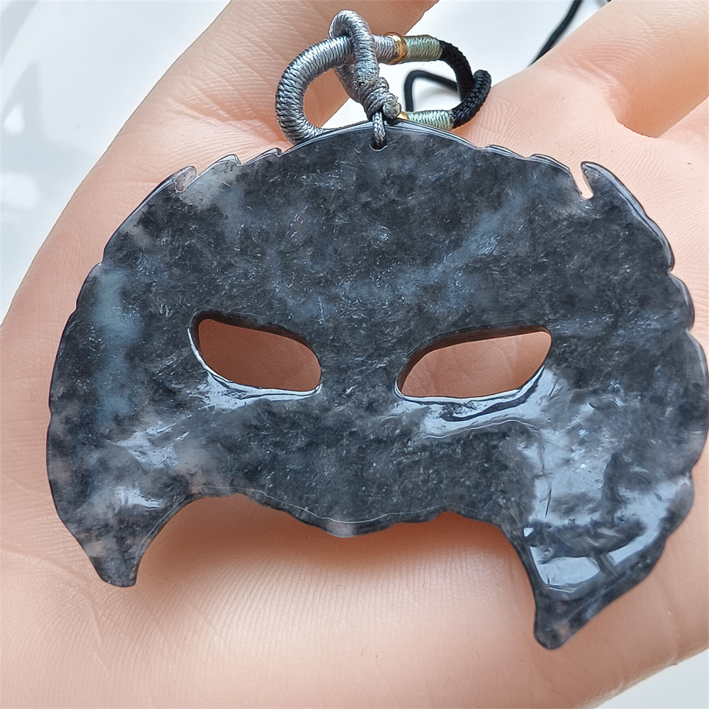 Natural Certificated Type A Untreated 56X41X7mm Black Chicken Species Burmese Jadeite Mask Pendant,Myanmar Jadeite Pendant Necklace