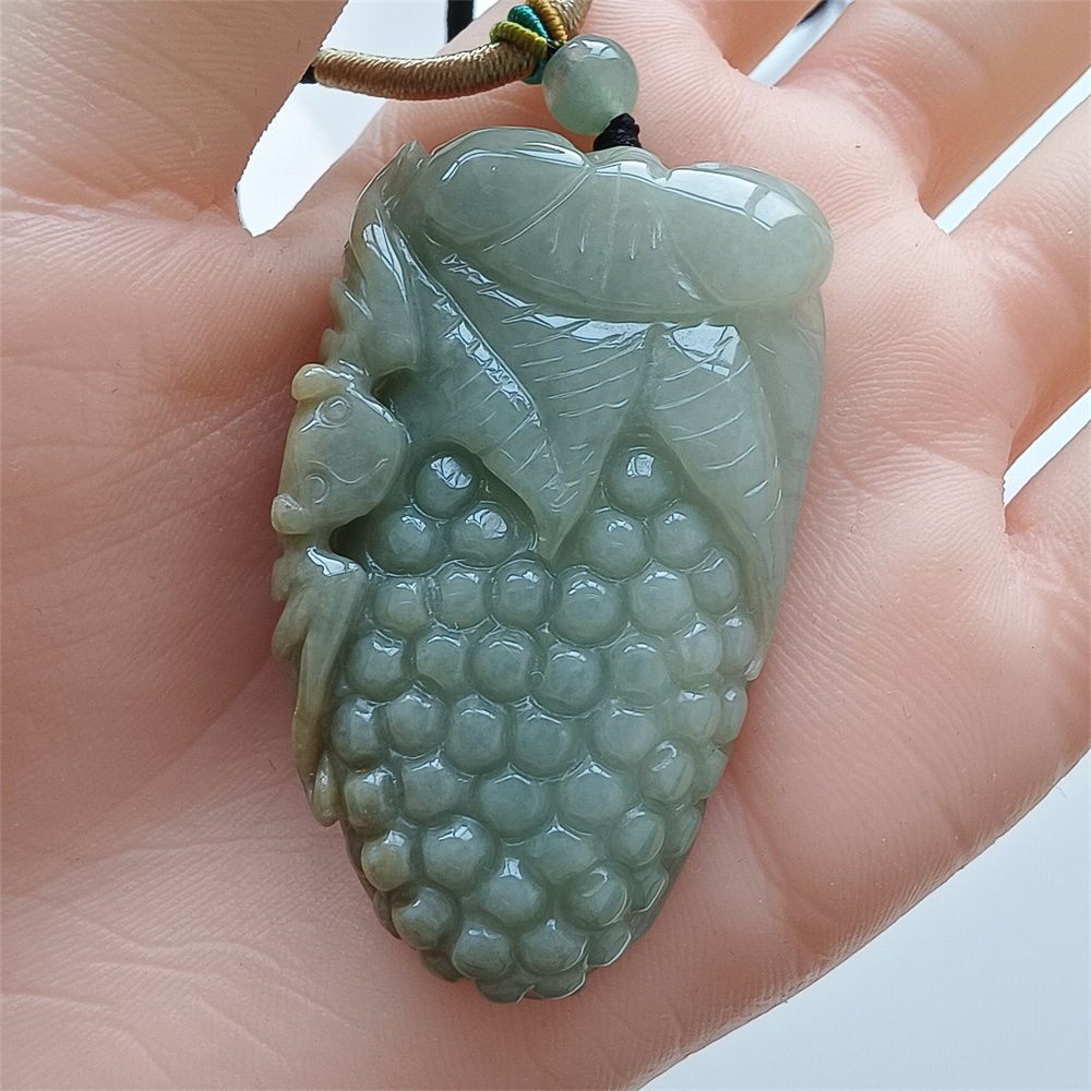 Unique Certificated Natural Type A Untreated 52X31X10mm Green Yellow Burmese Jadeite Grapes Pendant With Bat Carved,Myanmar Jadeite Pendant Necklace