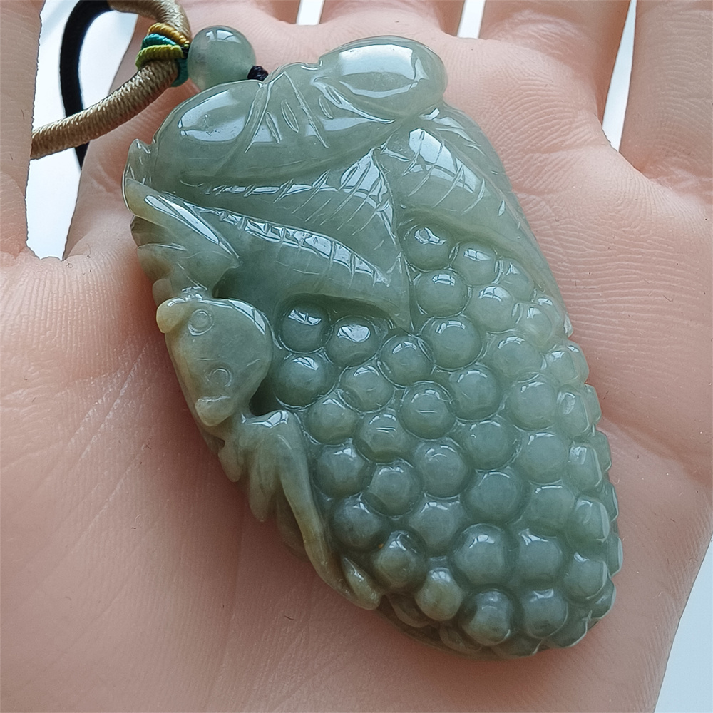 Unique Certificated Natural Type A Untreated 52X31X10mm Green Yellow Burmese Jadeite Grapes Pendant With Bat Carved,Myanmar Jadeite Pendant Necklace