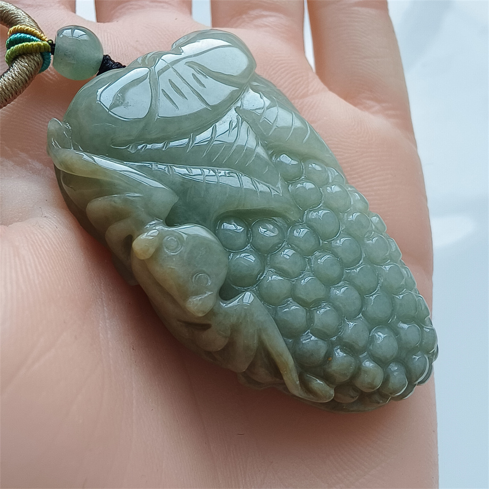 Unique Certificated Natural Type A Untreated 52X31X10mm Green Yellow Burmese Jadeite Grapes Pendant With Bat Carved,Myanmar Jadeite Pendant Necklace