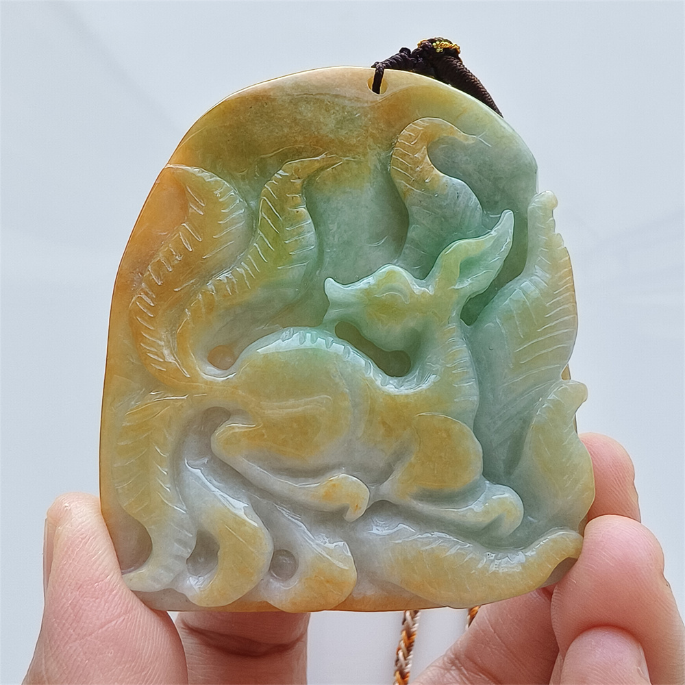 Unique Certificated Natural Hand Carved Yellow Color Heated 65X56X15mm Burmese Jadeite Irregular Pendant With Nine Tailed Fox Carved,Amulet Pendant Necklace