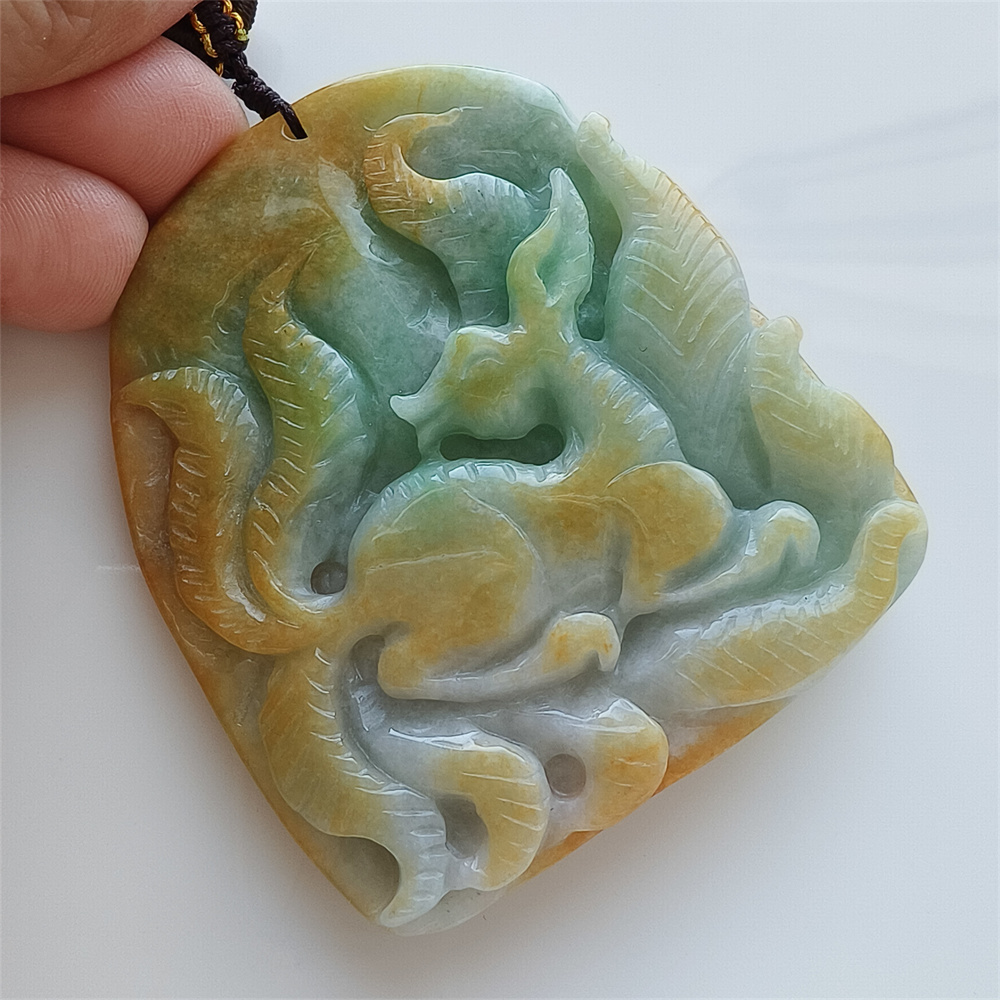 Unique Certificated Natural Hand Carved Yellow Color Heated 65X56X15mm Burmese Jadeite Irregular Pendant With Nine Tailed Fox Carved,Amulet Pendant Necklace