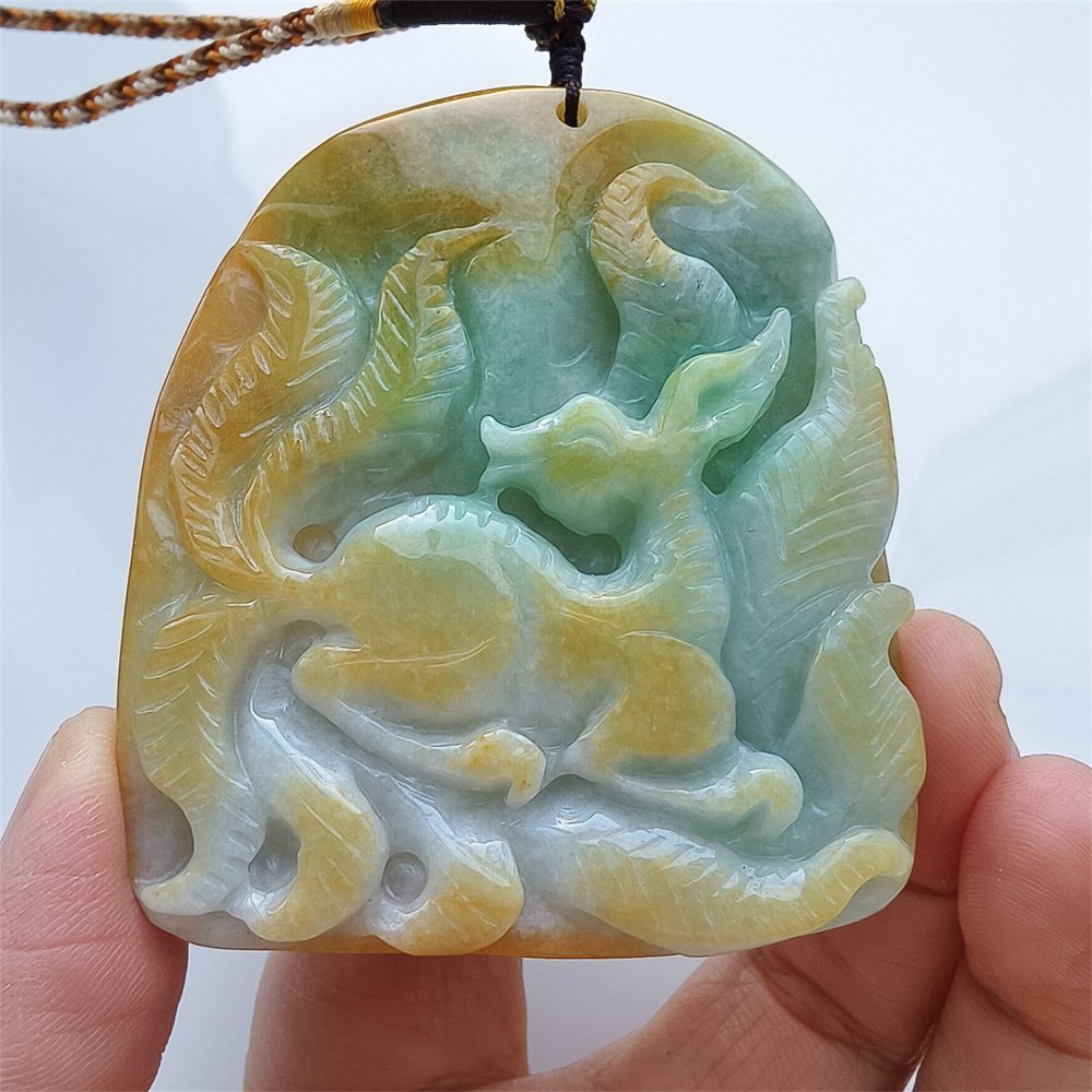 Unique Certificated Natural Hand Carved Yellow Color Heated 65X56X15mm Burmese Jadeite Irregular Pendant With Nine Tailed Fox Carved,Amulet Pendant Necklace