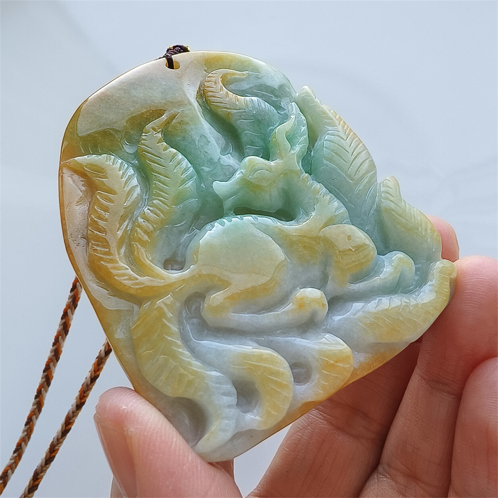 Unique Certificated Natural Hand Carved Yellow Color Heated 65X56X15mm Burmese Jadeite Irregular Pendant With Nine Tailed Fox Carved,Amulet Pendant Necklace