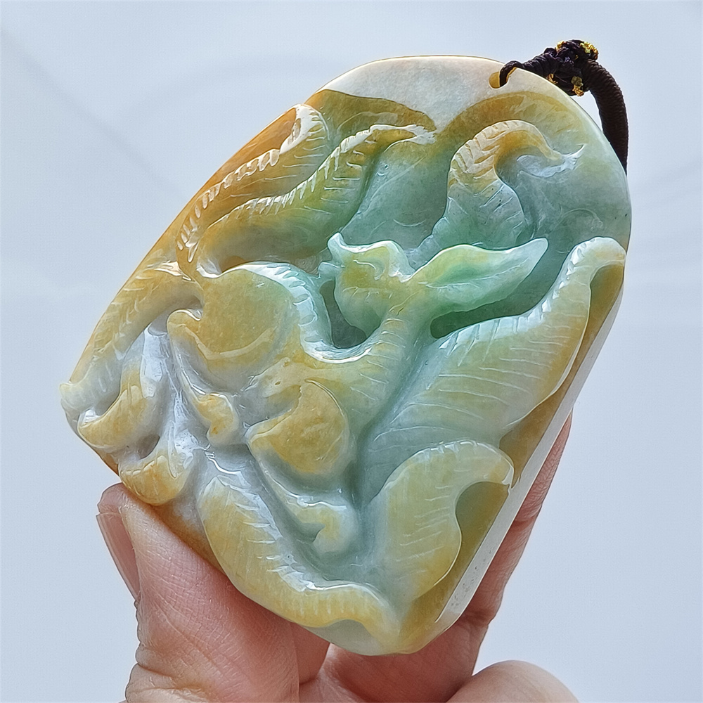 Unique Certificated Natural Hand Carved Yellow Color Heated 65X56X15mm Burmese Jadeite Irregular Pendant With Nine Tailed Fox Carved,Amulet Pendant Necklace