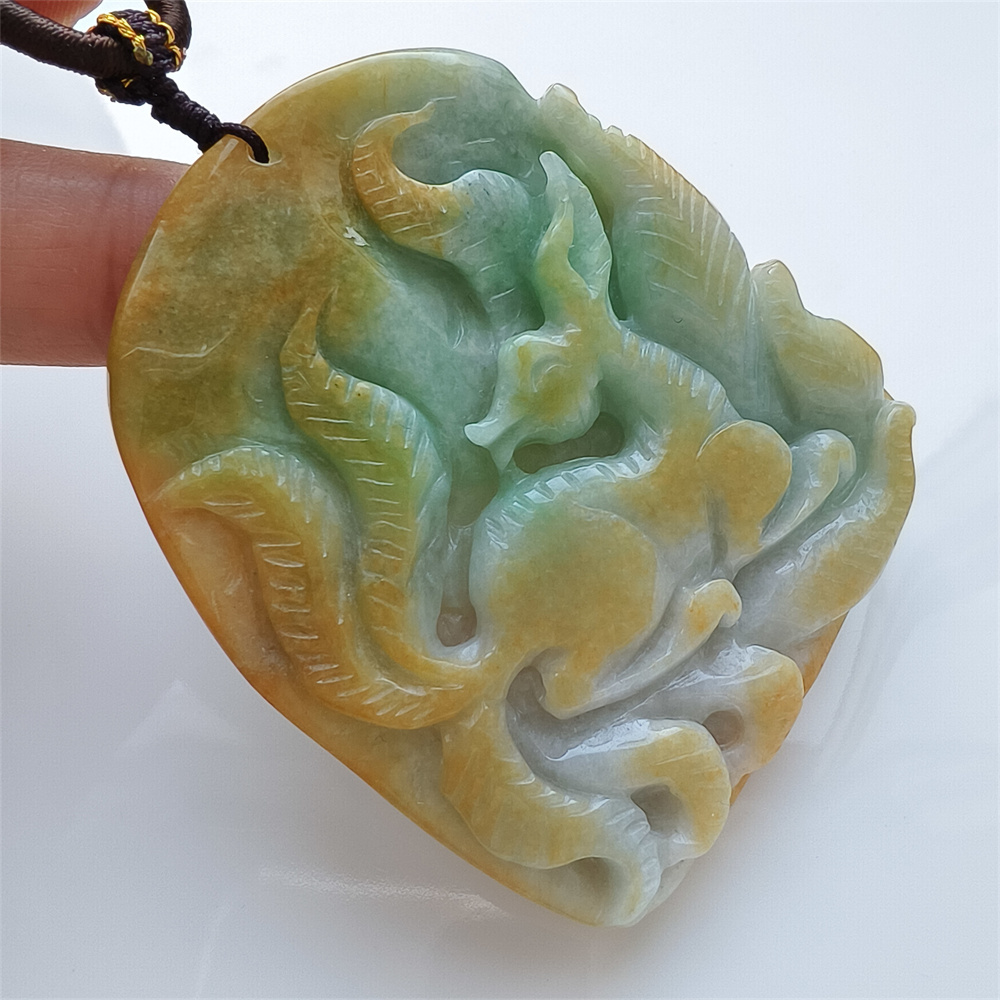 Unique Certificated Natural Hand Carved Yellow Color Heated 65X56X15mm Burmese Jadeite Irregular Pendant With Nine Tailed Fox Carved,Amulet Pendant Necklace