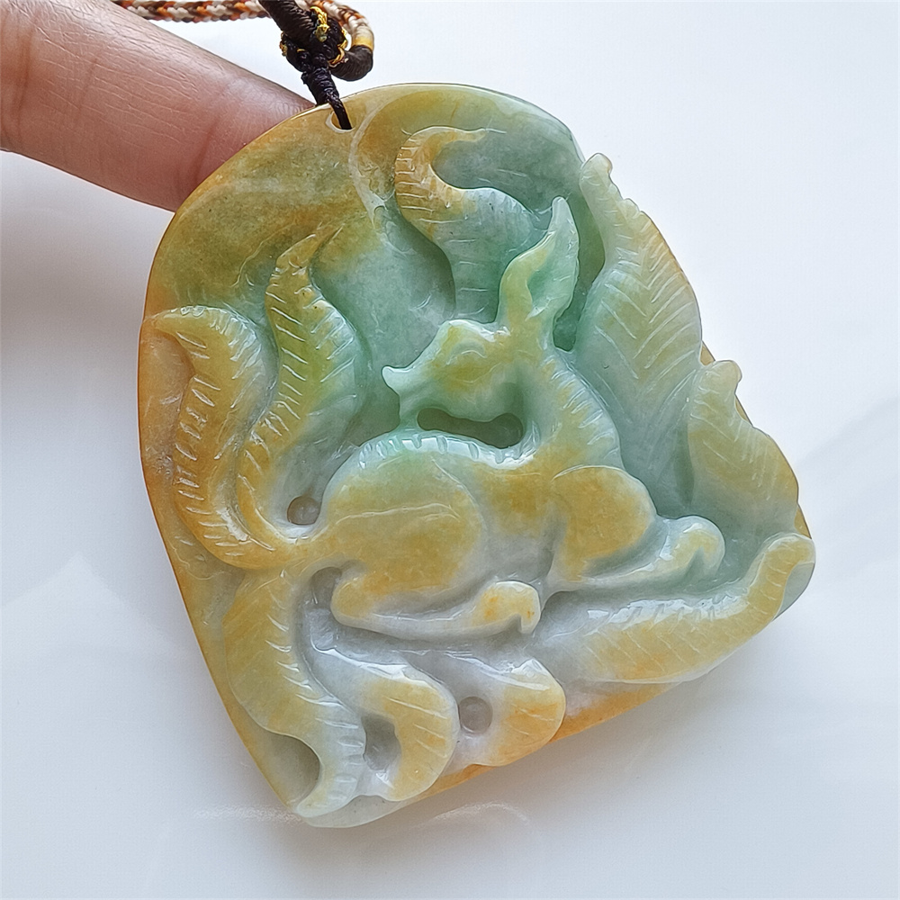 Unique Certificated Natural Hand Carved Yellow Color Heated 65X56X15mm Burmese Jadeite Irregular Pendant With Nine Tailed Fox Carved,Amulet Pendant Necklace