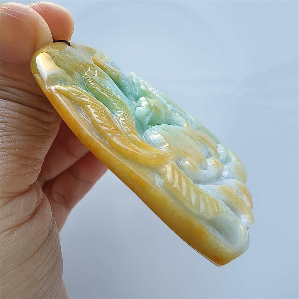 Unique Certificated Natural Hand Carved Yellow Color Heated 65X56X15mm Burmese Jadeite Irregular Pendant With Nine Tailed Fox Carved,Amulet Pendant Necklace