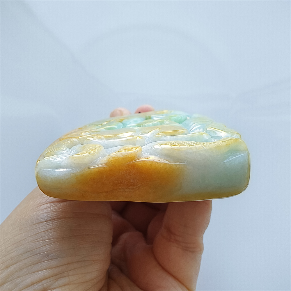 Unique Certificated Natural Hand Carved Yellow Color Heated 65X56X15mm Burmese Jadeite Irregular Pendant With Nine Tailed Fox Carved,Amulet Pendant Necklace
