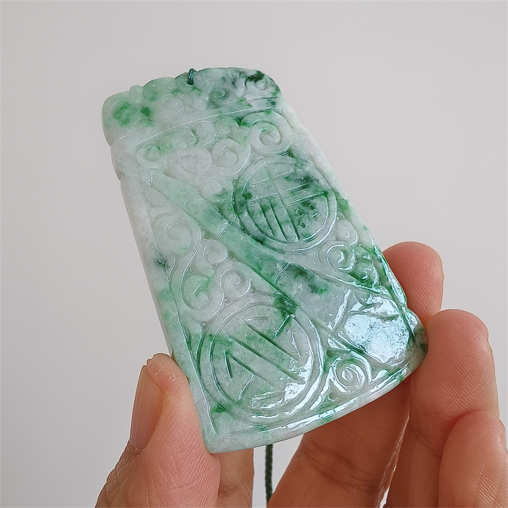 Unique Certificated Natural Type A Untreated 65X41X5mm Green White Burmese Jadeite Trapezoid Pendant With Auspicious Clouds Carved,Myanmar Jadeite Pendant Necklace