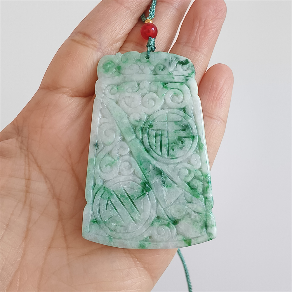 Unique Certificated Natural Type A Untreated 65X41X5mm Green White Burmese Jadeite Trapezoid Pendant With Auspicious Clouds Carved,Myanmar Jadeite Pendant Necklace
