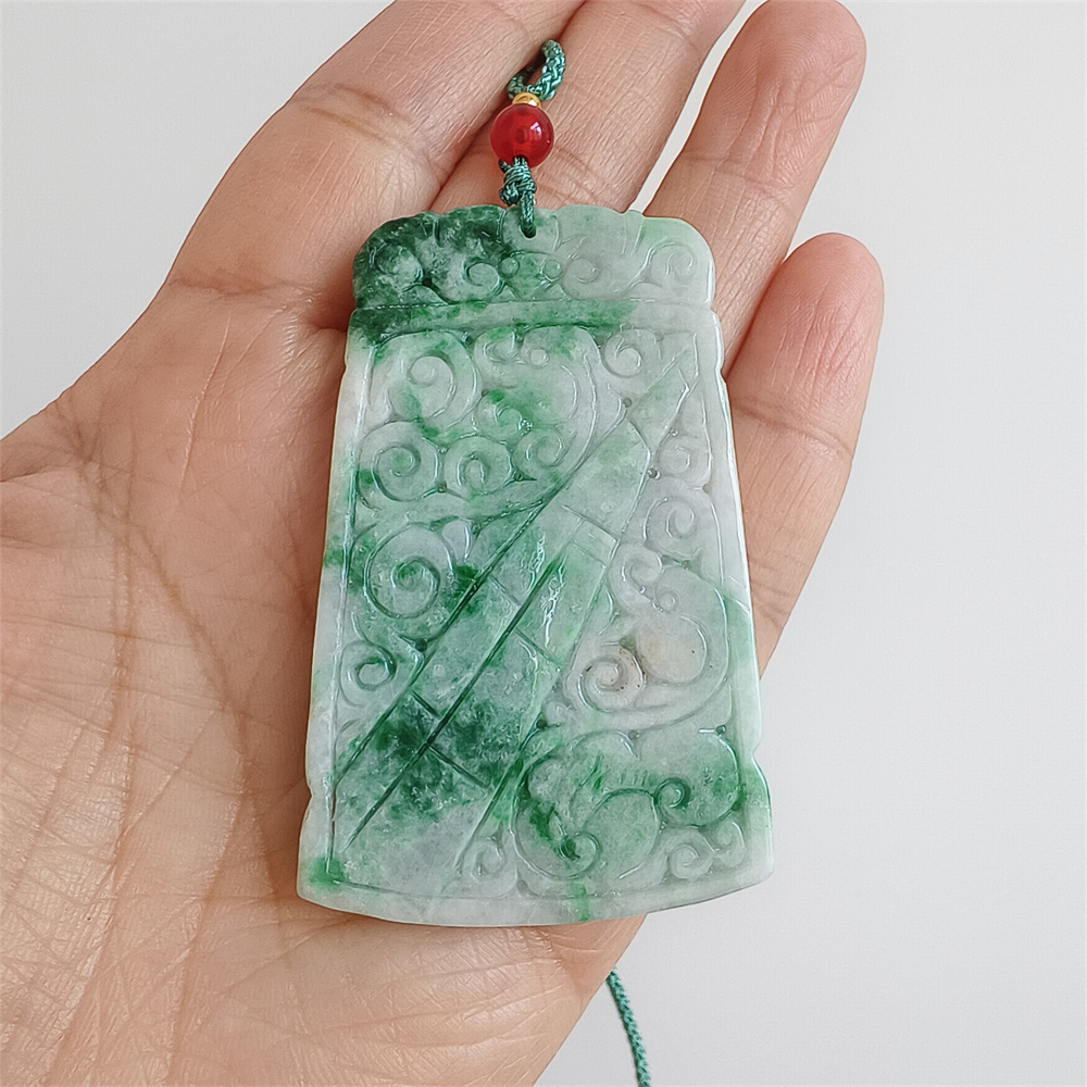 Unique Certificated Natural Type A Untreated 65X41X5mm Green White Burmese Jadeite Trapezoid Pendant With Auspicious Clouds Carved,Myanmar Jadeite Pendant Necklace