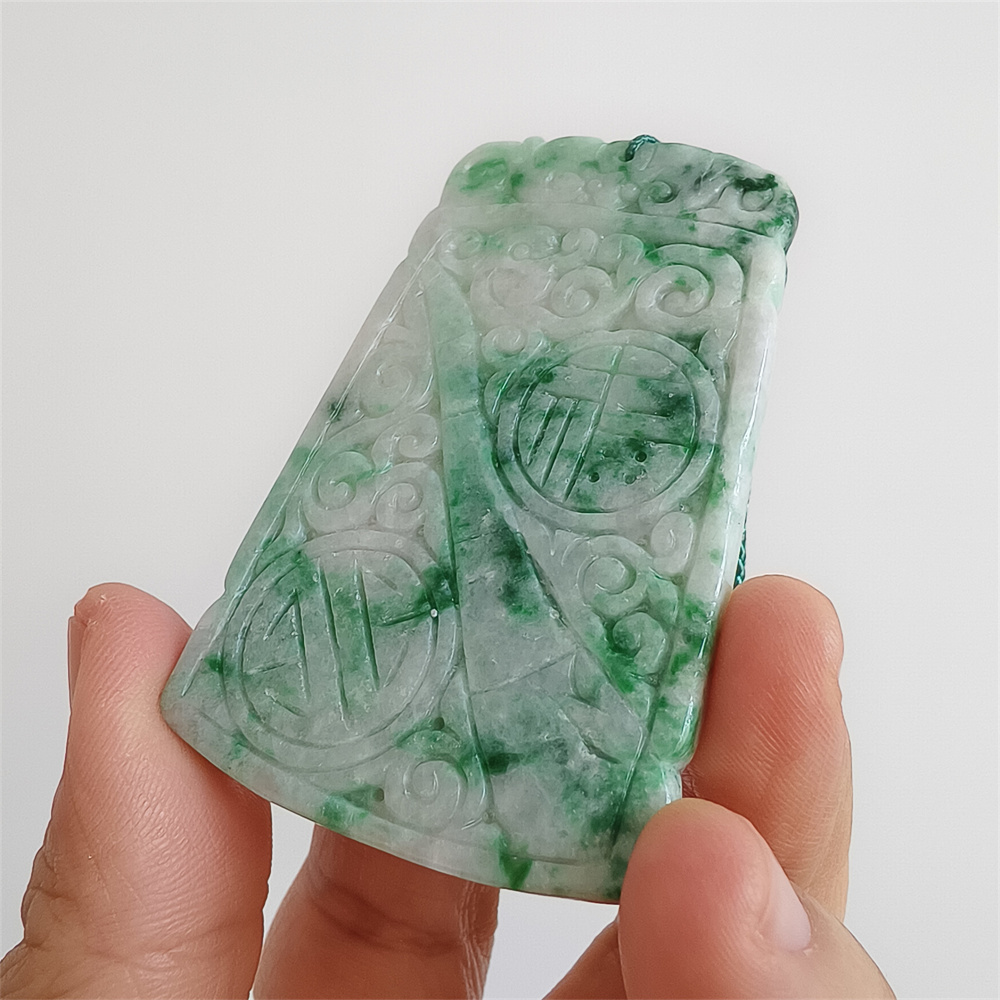 Unique Certificated Natural Type A Untreated 65X41X5mm Green White Burmese Jadeite Trapezoid Pendant With Auspicious Clouds Carved,Myanmar Jadeite Pendant Necklace