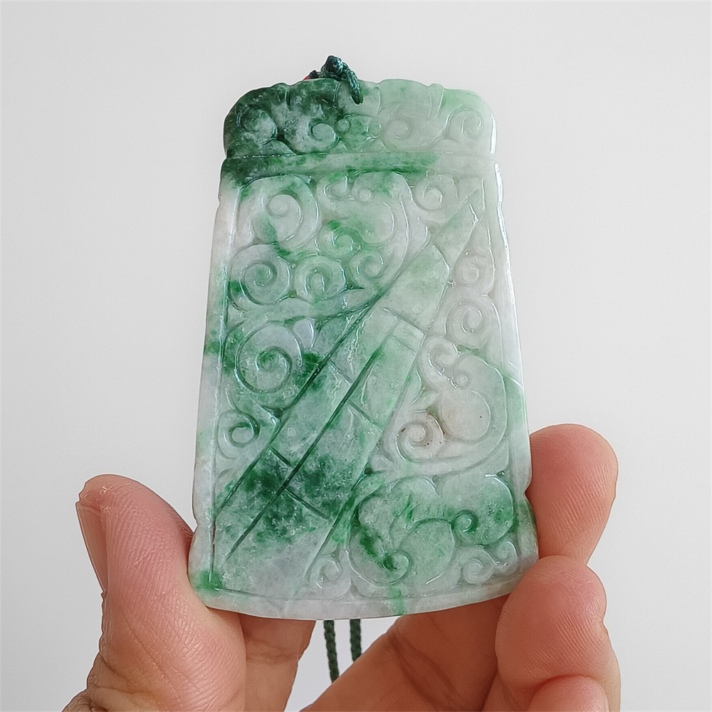 Unique Certificated Natural Type A Untreated 65X41X5mm Green White Burmese Jadeite Trapezoid Pendant With Auspicious Clouds Carved,Myanmar Jadeite Pendant Necklace