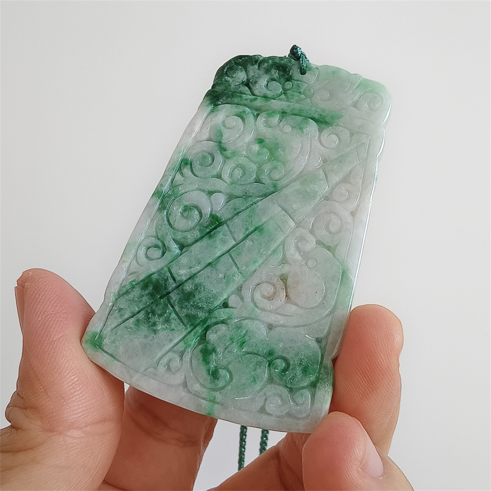 Unique Certificated Natural Type A Untreated 65X41X5mm Green White Burmese Jadeite Trapezoid Pendant With Auspicious Clouds Carved,Myanmar Jadeite Pendant Necklace