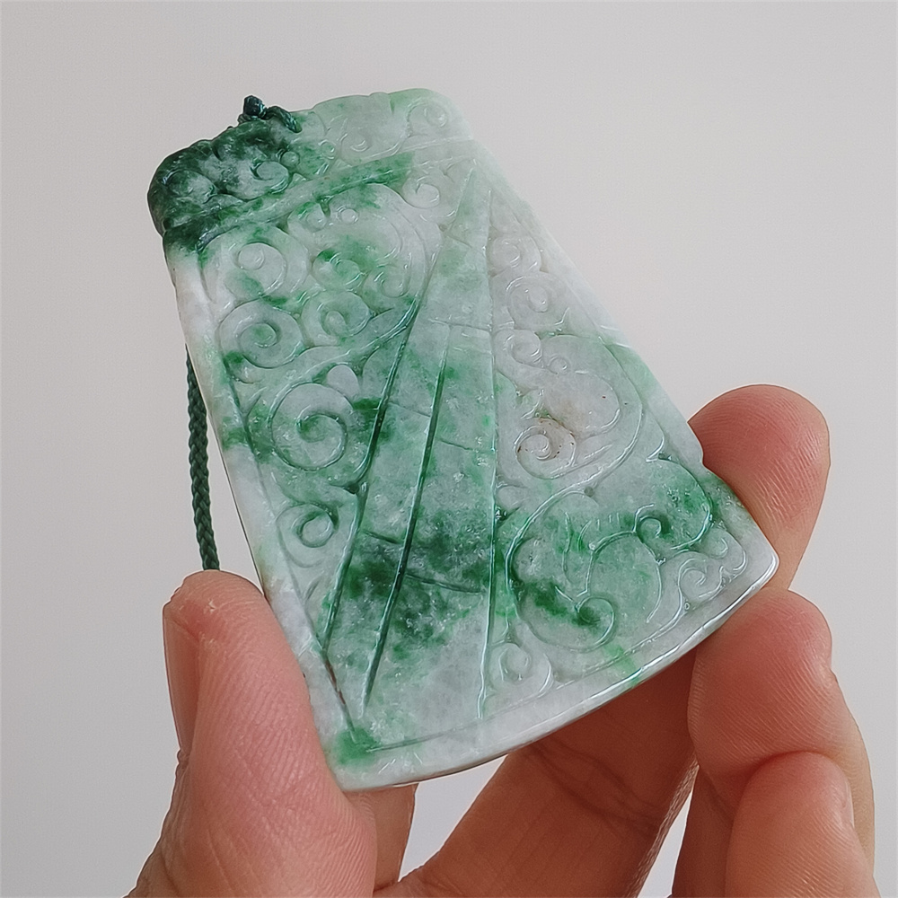 Unique Certificated Natural Type A Untreated 65X41X5mm Green White Burmese Jadeite Trapezoid Pendant With Auspicious Clouds Carved,Myanmar Jadeite Pendant Necklace