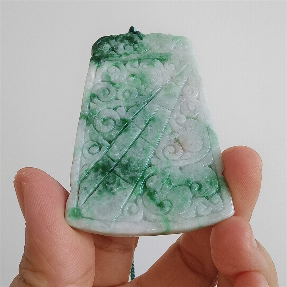Unique Certificated Natural Type A Untreated 65X41X5mm Green White Burmese Jadeite Trapezoid Pendant With Auspicious Clouds Carved,Myanmar Jadeite Pendant Necklace