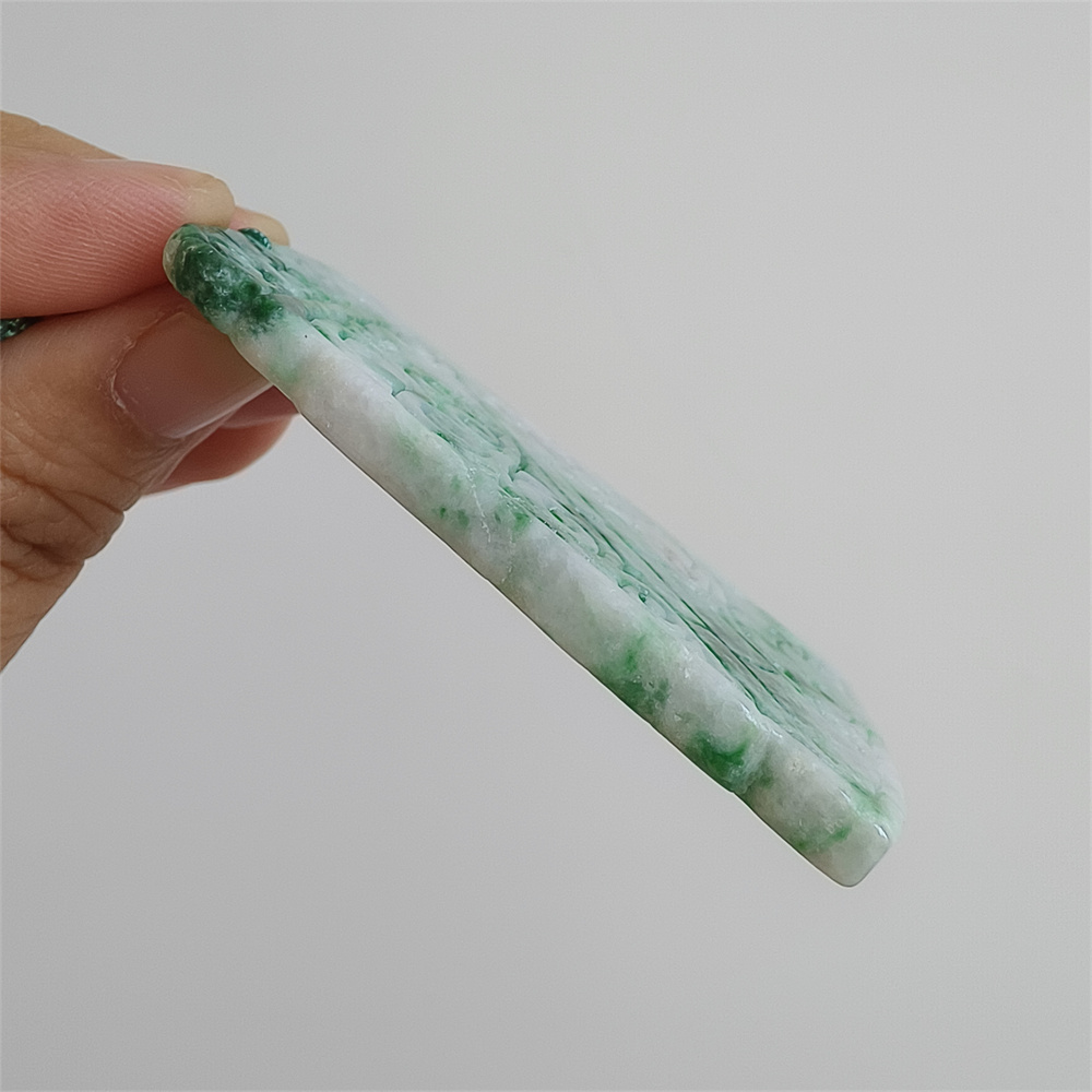 Unique Certificated Natural Type A Untreated 65X41X5mm Green White Burmese Jadeite Trapezoid Pendant With Auspicious Clouds Carved,Myanmar Jadeite Pendant Necklace