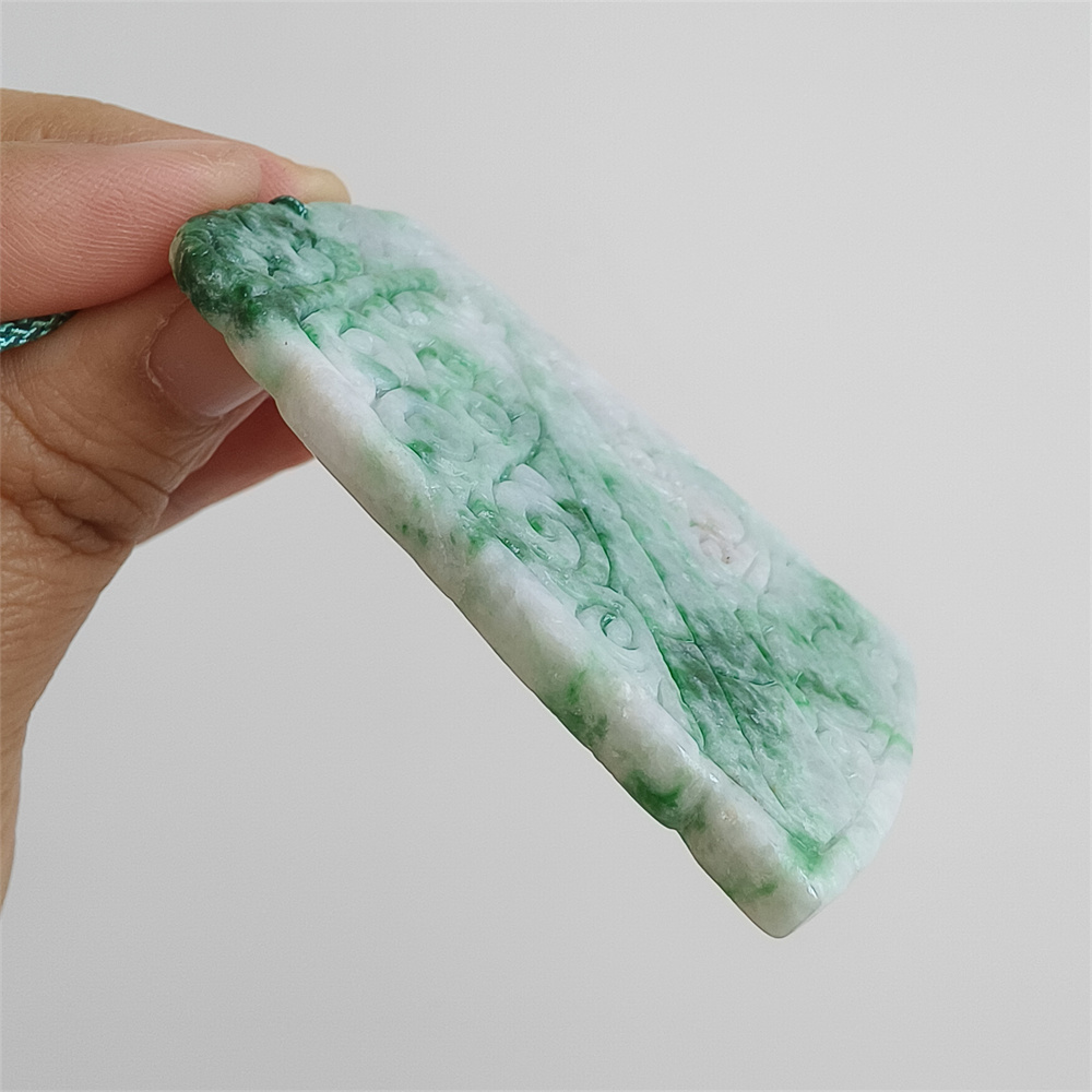 Unique Certificated Natural Type A Untreated 65X41X5mm Green White Burmese Jadeite Trapezoid Pendant With Auspicious Clouds Carved,Myanmar Jadeite Pendant Necklace