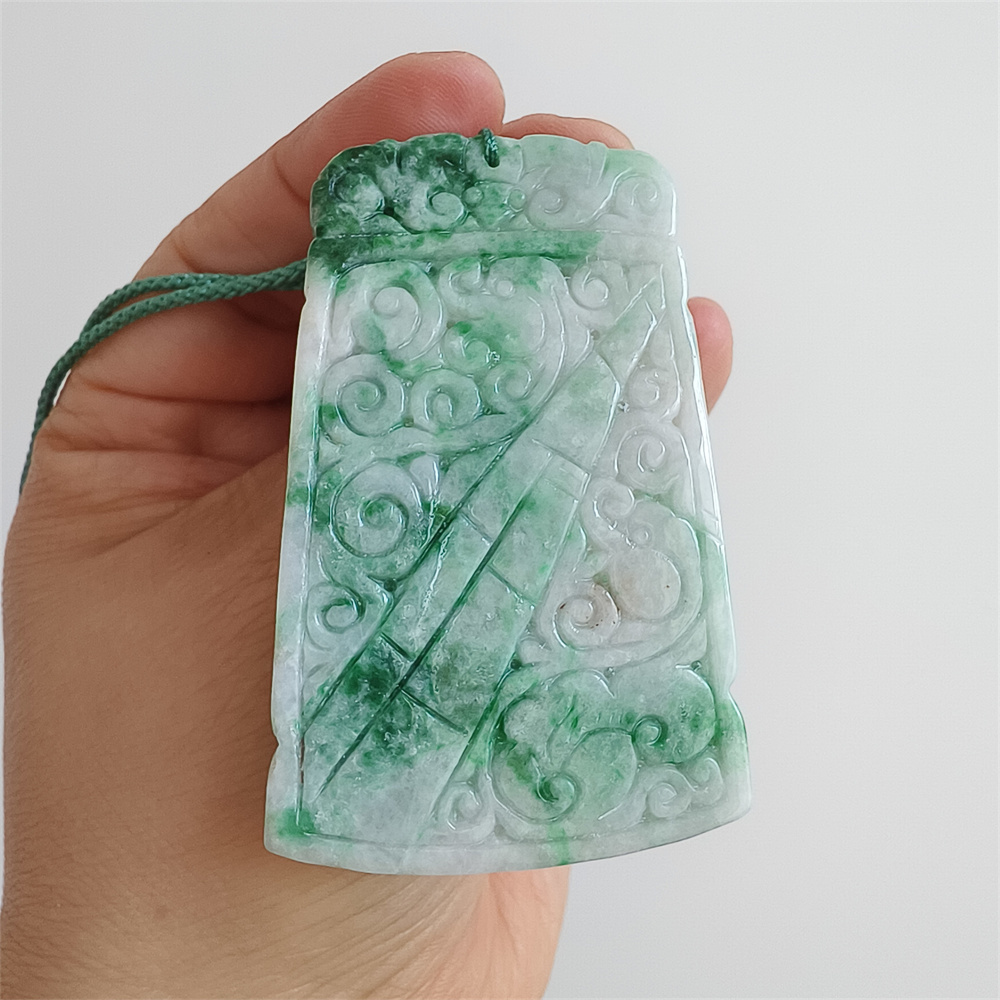 Unique Certificated Natural Type A Untreated 65X41X5mm Green White Burmese Jadeite Trapezoid Pendant With Auspicious Clouds Carved,Myanmar Jadeite Pendant Necklace