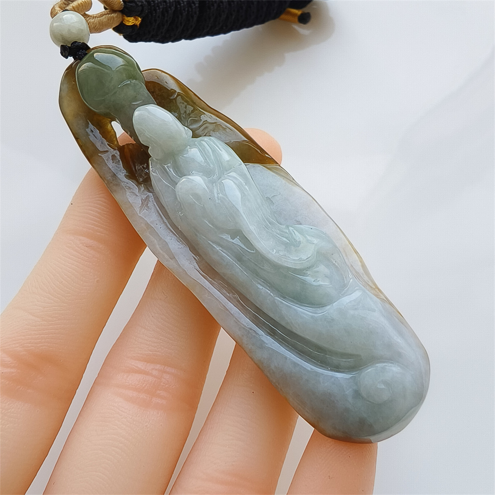 Unique Certificated Natural Type A Untreated 70X24X14mm Green Yellow White Burmese Jadeite Irregular Pendant With 悟道 Carved,Myanmar Jadeite Pendant Necklace