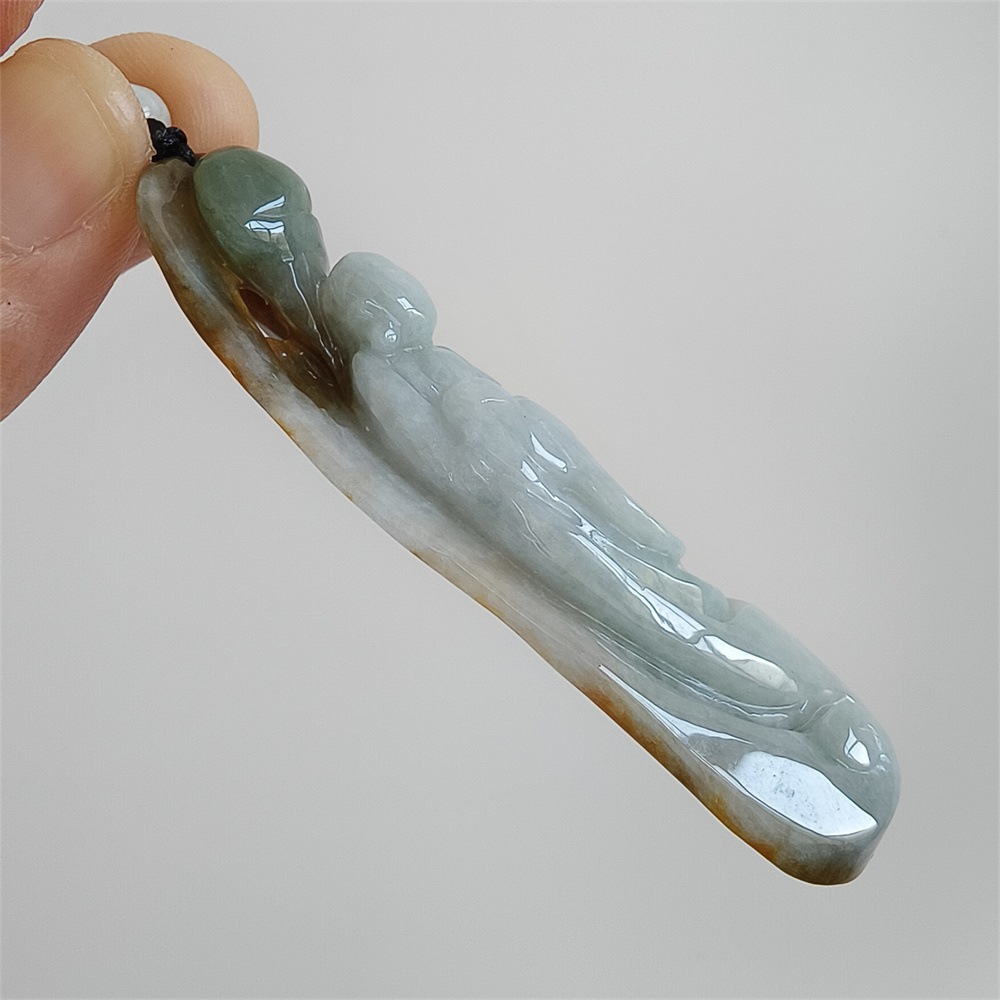 Unique Certificated Natural Type A Untreated 70X24X14mm Green Yellow White Burmese Jadeite Irregular Pendant With 悟道 Carved,Myanmar Jadeite Pendant Necklace
