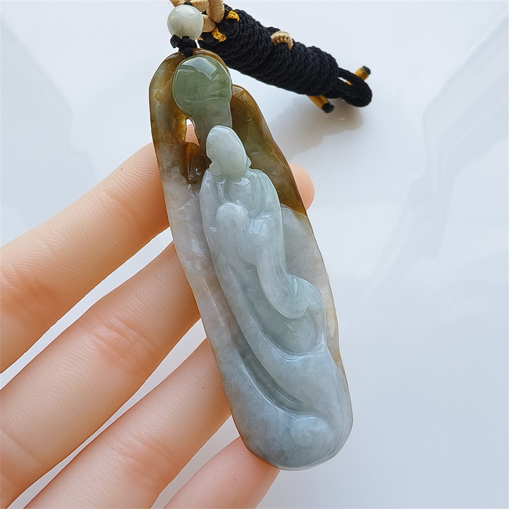 Unique Certificated Natural Type A Untreated 70X24X14mm Green Yellow White Burmese Jadeite Irregular Pendant With 悟道 Carved,Myanmar Jadeite Pendant Necklace