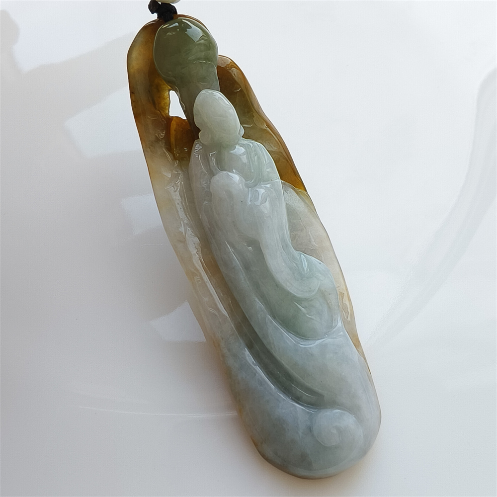 Unique Certificated Natural Type A Untreated 70X24X14mm Green Yellow White Burmese Jadeite Irregular Pendant With 悟道 Carved,Myanmar Jadeite Pendant Necklace