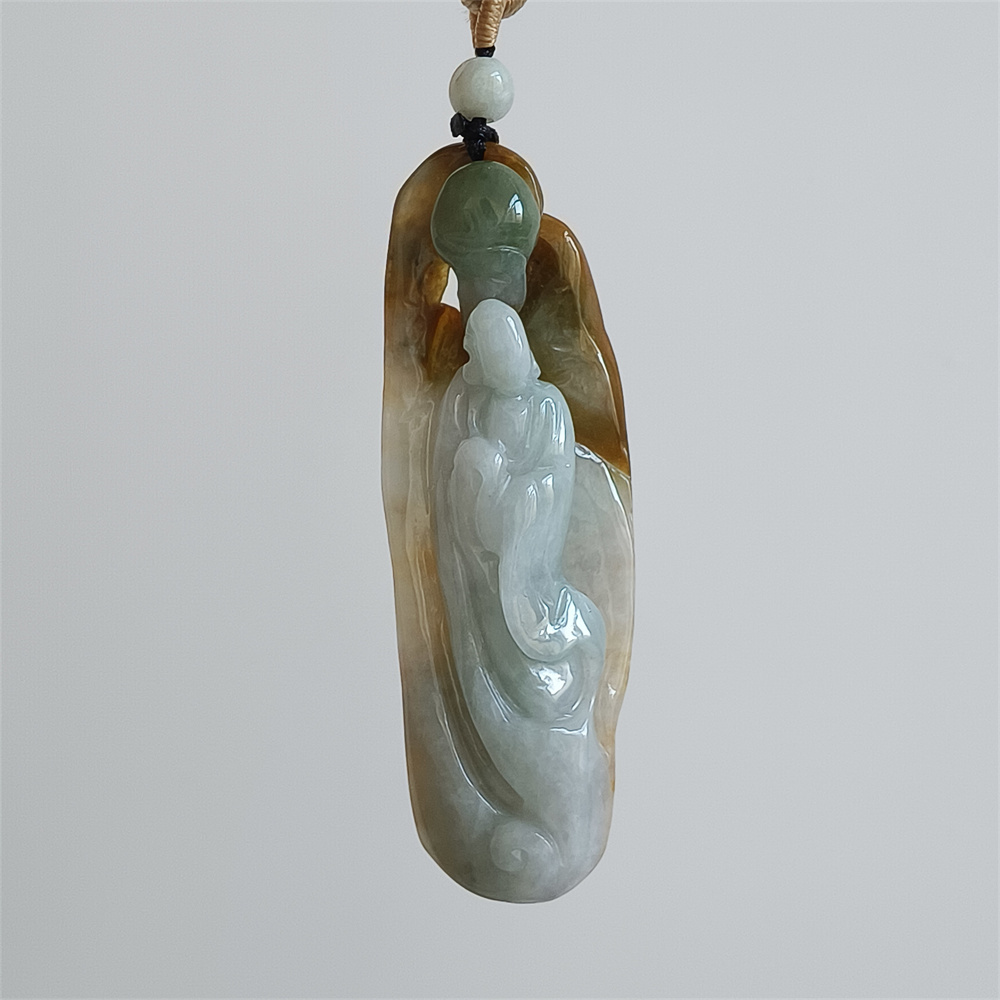 Unique Certificated Natural Type A Untreated 70X24X14mm Green Yellow White Burmese Jadeite Irregular Pendant With 悟道 Carved,Myanmar Jadeite Pendant Necklace