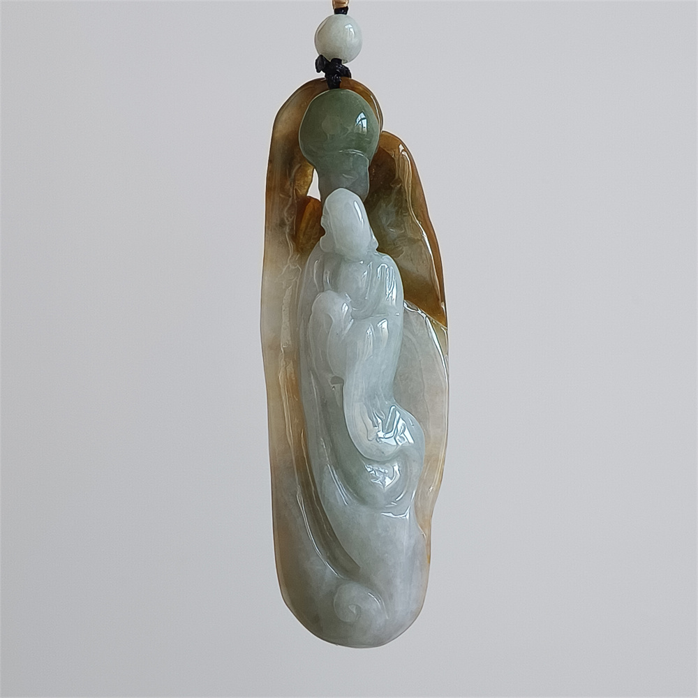 Unique Certificated Natural Type A Untreated 70X24X14mm Green Yellow White Burmese Jadeite Irregular Pendant With 悟道 Carved,Myanmar Jadeite Pendant Necklace