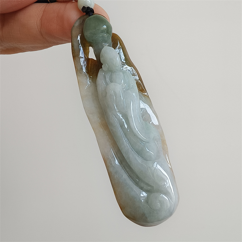 Unique Certificated Natural Type A Untreated 70X24X14mm Green Yellow White Burmese Jadeite Irregular Pendant With 悟道 Carved,Myanmar Jadeite Pendant Necklace