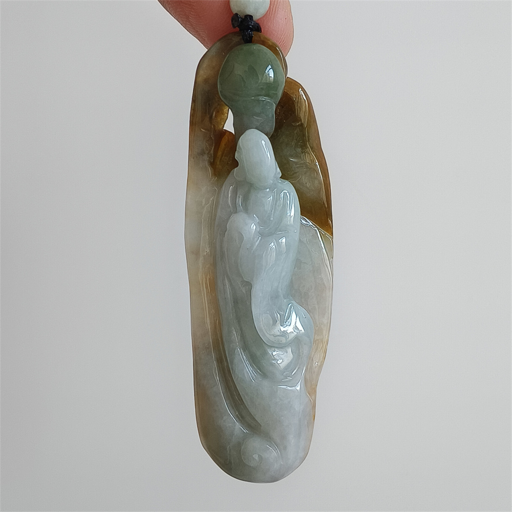 Unique Certificated Natural Type A Untreated 70X24X14mm Green Yellow White Burmese Jadeite Irregular Pendant With 悟道 Carved,Myanmar Jadeite Pendant Necklace